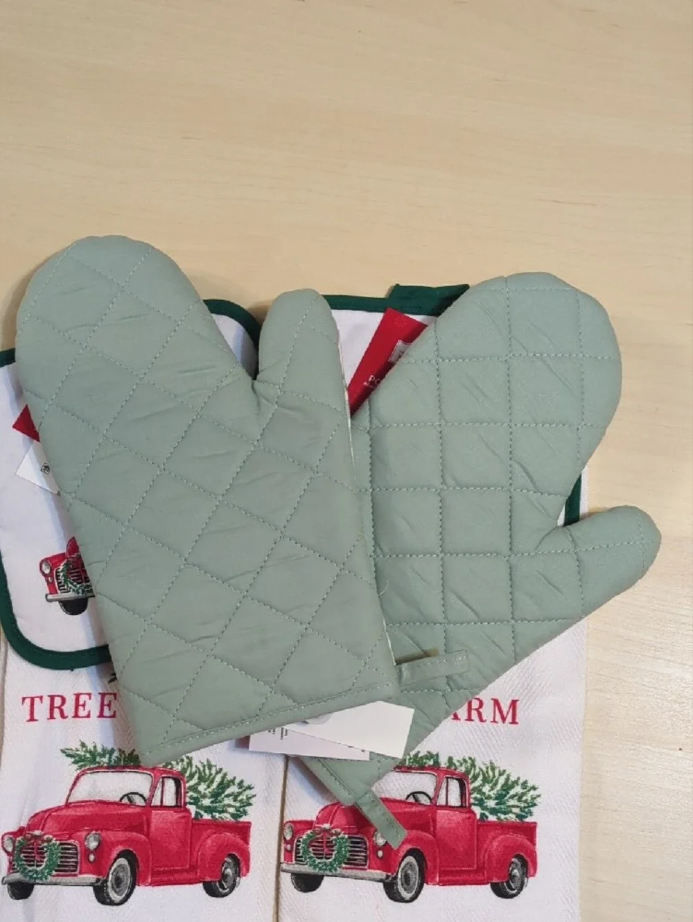Holiday Time Mint Green and White Plaid Oven Mitts, Pot Holders & Towels